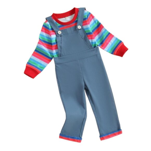 Halloween Chucky Boy Costume Long Sleeve Striped Top Blue Jumpsuit Cosplay Set - Picture 2 of 6